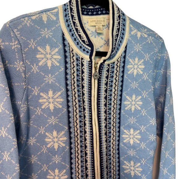 Appleseed’s Petites Fair Isle Wool Blend Zip Cardigan Sweater Snowflake Pattern - Picture 2 of 5